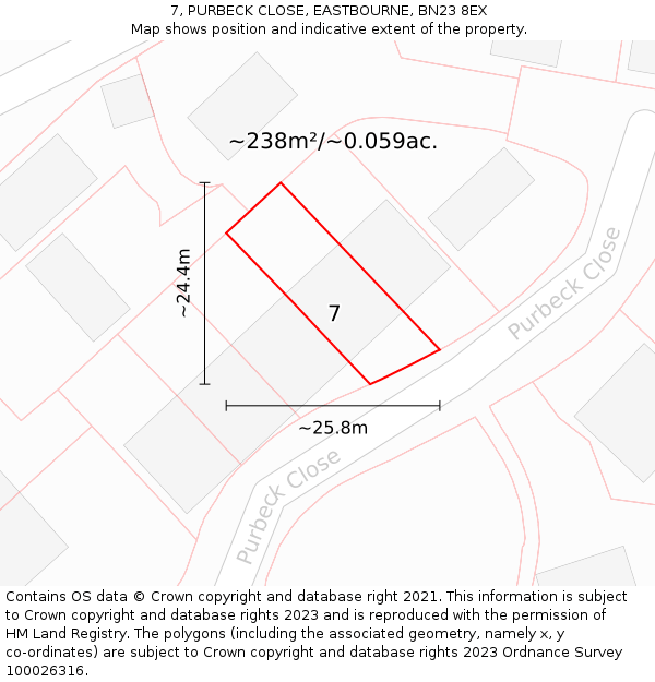 7, PURBECK CLOSE, EASTBOURNE, BN23 8EX: Plot and title map