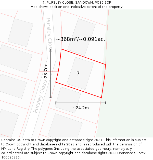 7, PURSLEY CLOSE, SANDOWN, PO36 9QP: Plot and title map