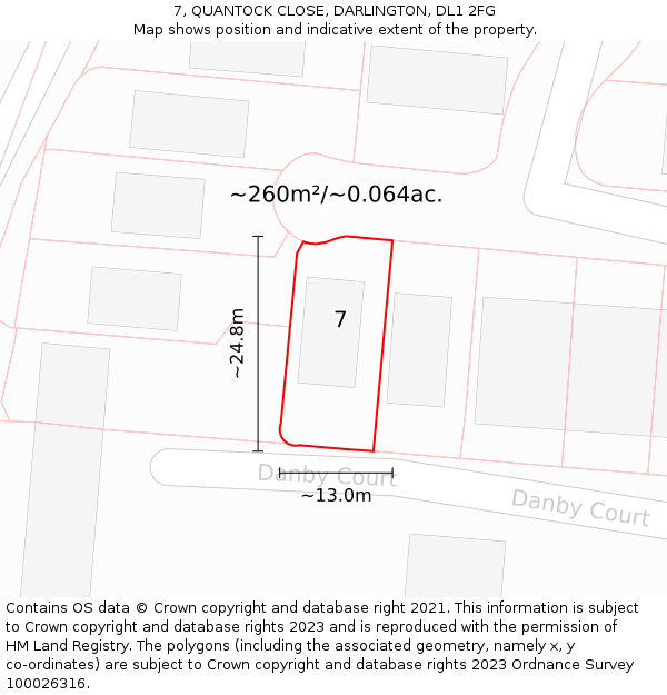 7, QUANTOCK CLOSE, DARLINGTON, DL1 2FG: Plot and title map