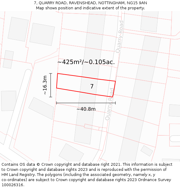 7, QUARRY ROAD, RAVENSHEAD, NOTTINGHAM, NG15 9AN: Plot and title map