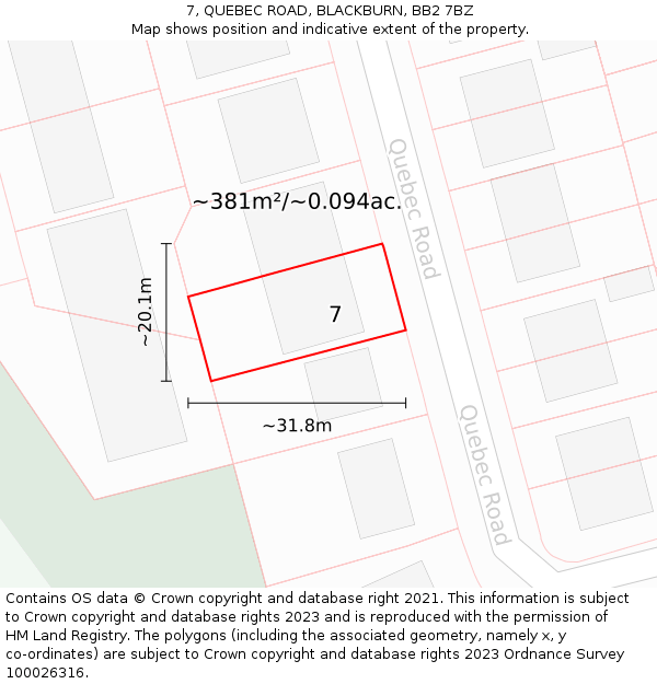 7, QUEBEC ROAD, BLACKBURN, BB2 7BZ: Plot and title map