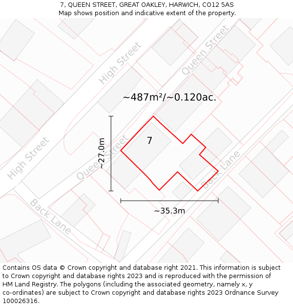 7, QUEEN STREET, GREAT OAKLEY, HARWICH, CO12 5AS: Plot and title map