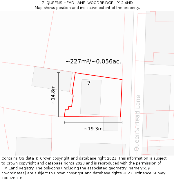 7, QUEENS HEAD LANE, WOODBRIDGE, IP12 4ND: Plot and title map