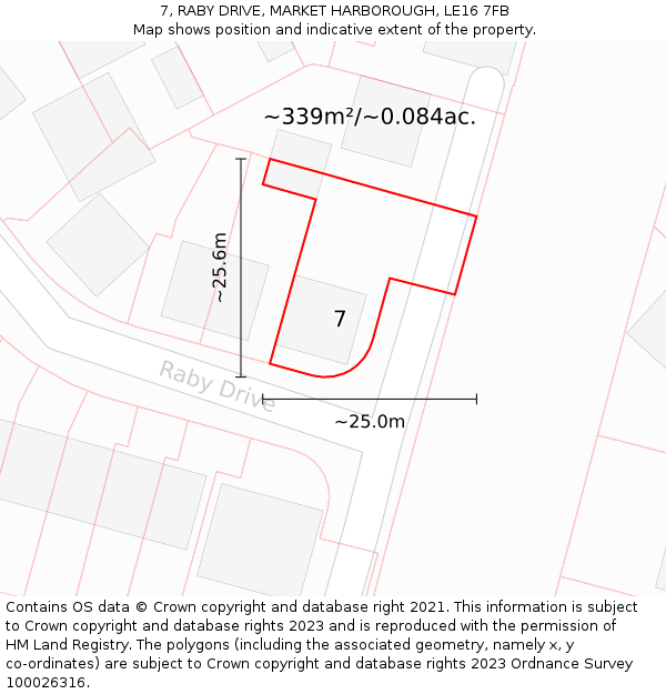 7, RABY DRIVE, MARKET HARBOROUGH, LE16 7FB: Plot and title map