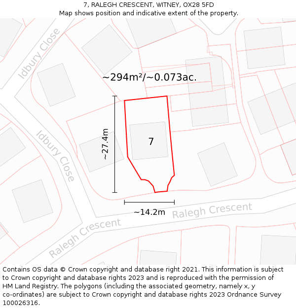 7, RALEGH CRESCENT, WITNEY, OX28 5FD: Plot and title map