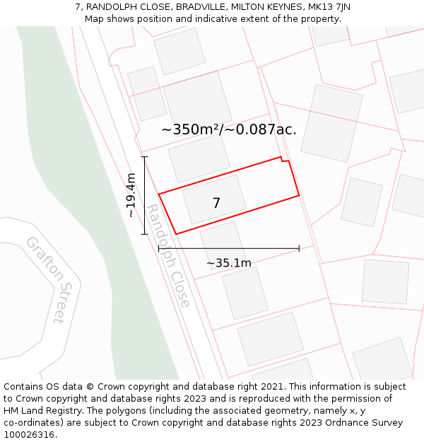 7, RANDOLPH CLOSE, BRADVILLE, MILTON KEYNES, MK13 7JN: Plot and title map