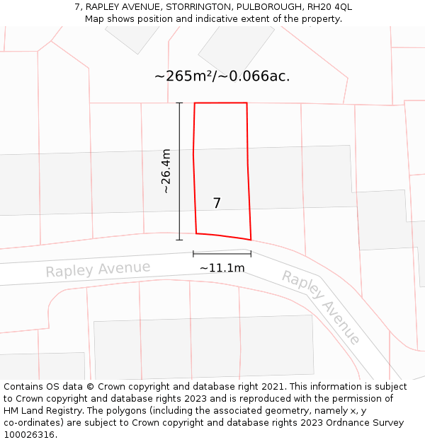 7, RAPLEY AVENUE, STORRINGTON, PULBOROUGH, RH20 4QL: Plot and title map