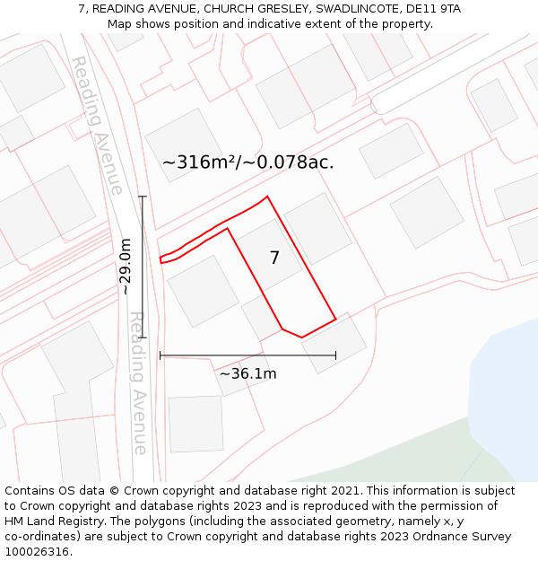 7, READING AVENUE, CHURCH GRESLEY, SWADLINCOTE, DE11 9TA: Plot and title map