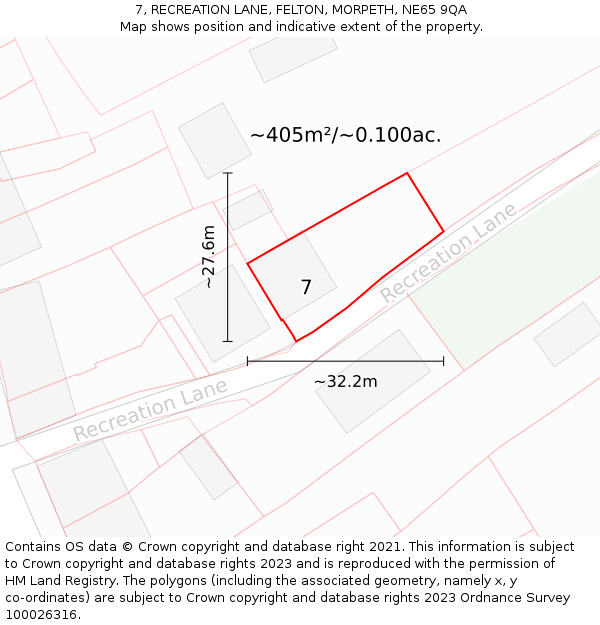 7, RECREATION LANE, FELTON, MORPETH, NE65 9QA: Plot and title map