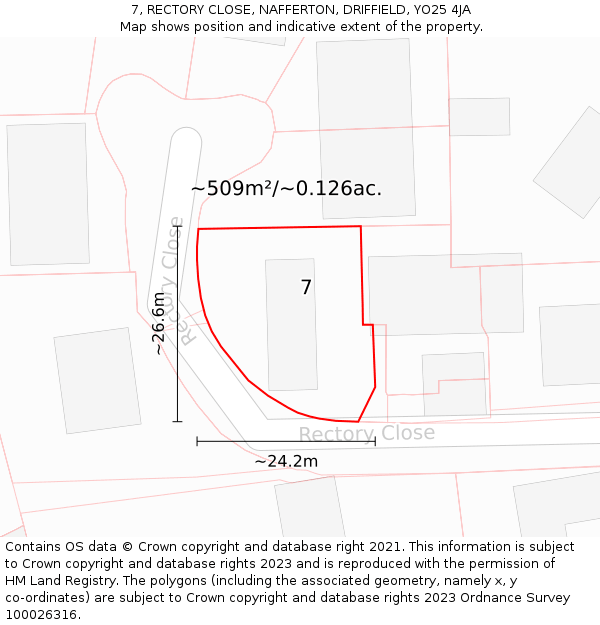 7, RECTORY CLOSE, NAFFERTON, DRIFFIELD, YO25 4JA: Plot and title map