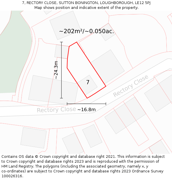 7, RECTORY CLOSE, SUTTON BONINGTON, LOUGHBOROUGH, LE12 5PJ: Plot and title map