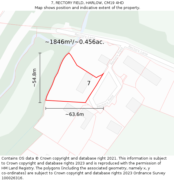 7, RECTORY FIELD, HARLOW, CM19 4HD: Plot and title map