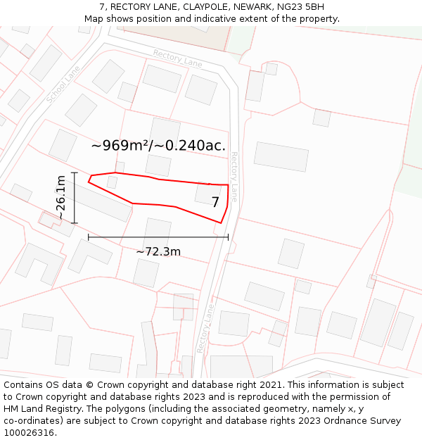 7, RECTORY LANE, CLAYPOLE, NEWARK, NG23 5BH: Plot and title map