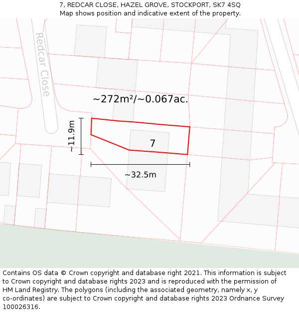 7, REDCAR CLOSE, HAZEL GROVE, STOCKPORT, SK7 4SQ: Plot and title map