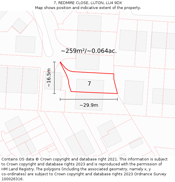 7, REDMIRE CLOSE, LUTON, LU4 9DX: Plot and title map