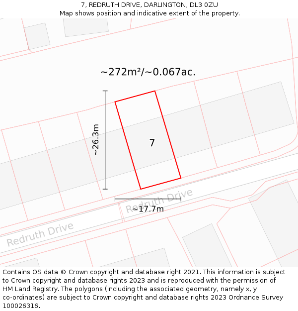 7, REDRUTH DRIVE, DARLINGTON, DL3 0ZU: Plot and title map