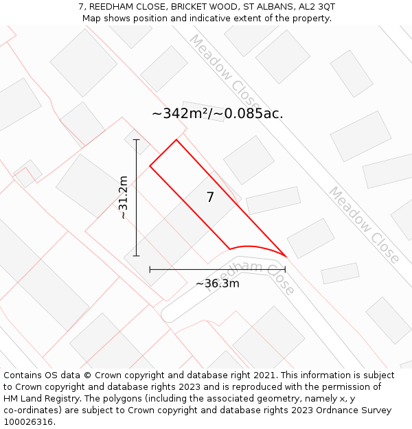 7, REEDHAM CLOSE, BRICKET WOOD, ST ALBANS, AL2 3QT: Plot and title map