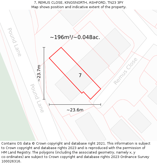 7, REMUS CLOSE, KINGSNORTH, ASHFORD, TN23 3PY: Plot and title map