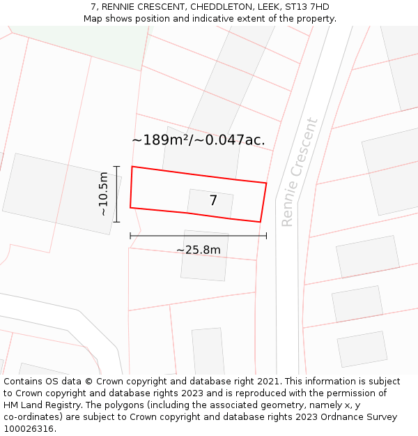 7, RENNIE CRESCENT, CHEDDLETON, LEEK, ST13 7HD: Plot and title map