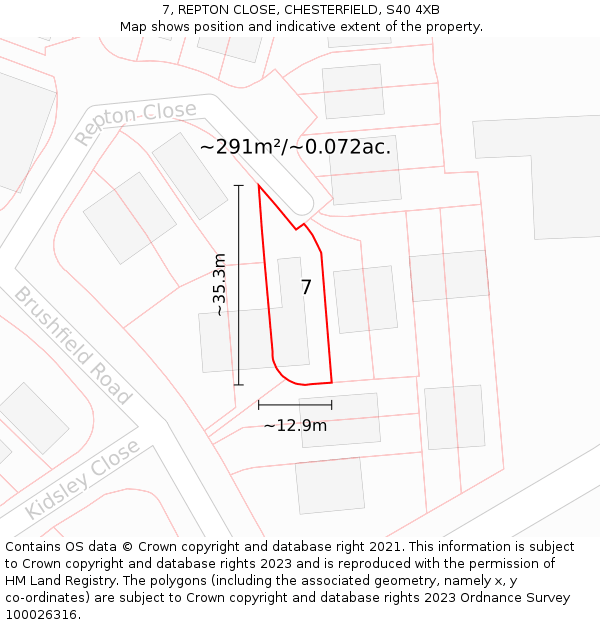 7, REPTON CLOSE, CHESTERFIELD, S40 4XB: Plot and title map