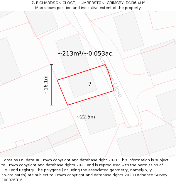 7, RICHARDSON CLOSE, HUMBERSTON, GRIMSBY, DN36 4HY: Plot and title map