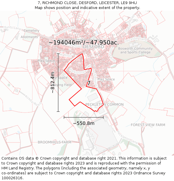 7, RICHMOND CLOSE, DESFORD, LEICESTER, LE9 9HU: Plot and title map