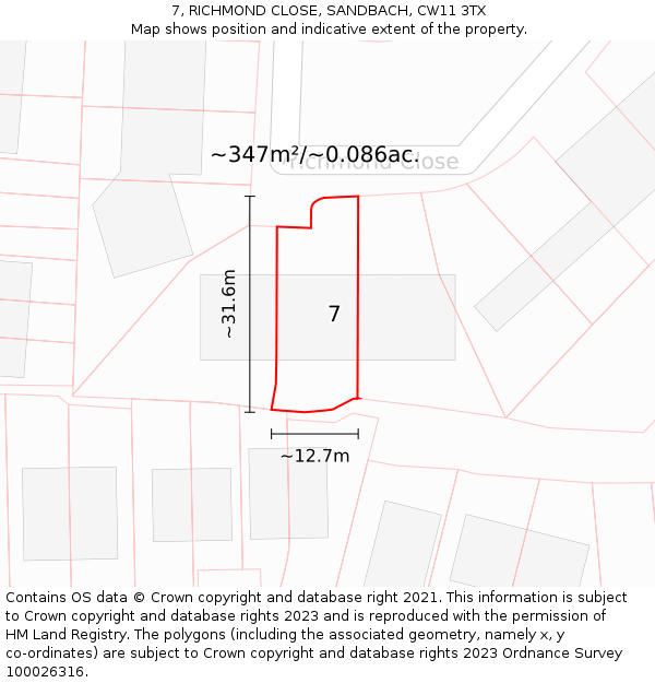 7, RICHMOND CLOSE, SANDBACH, CW11 3TX: Plot and title map