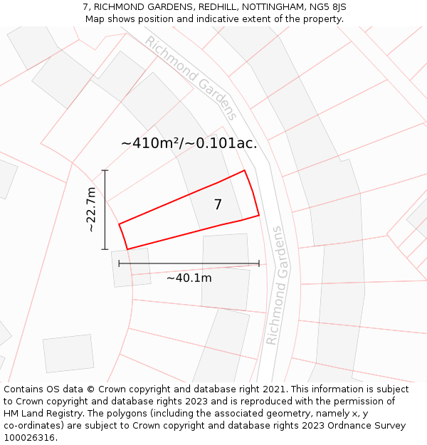 7, RICHMOND GARDENS, REDHILL, NOTTINGHAM, NG5 8JS: Plot and title map