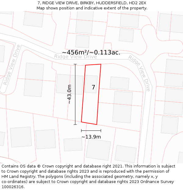 7, RIDGE VIEW DRIVE, BIRKBY, HUDDERSFIELD, HD2 2EX: Plot and title map