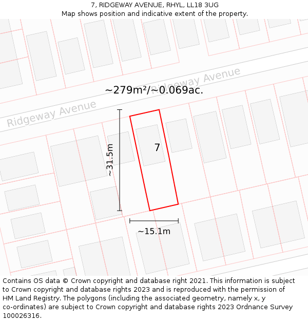 7, RIDGEWAY AVENUE, RHYL, LL18 3UG: Plot and title map