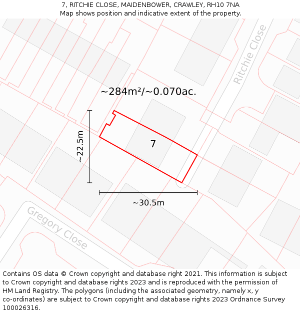 7, RITCHIE CLOSE, MAIDENBOWER, CRAWLEY, RH10 7NA: Plot and title map