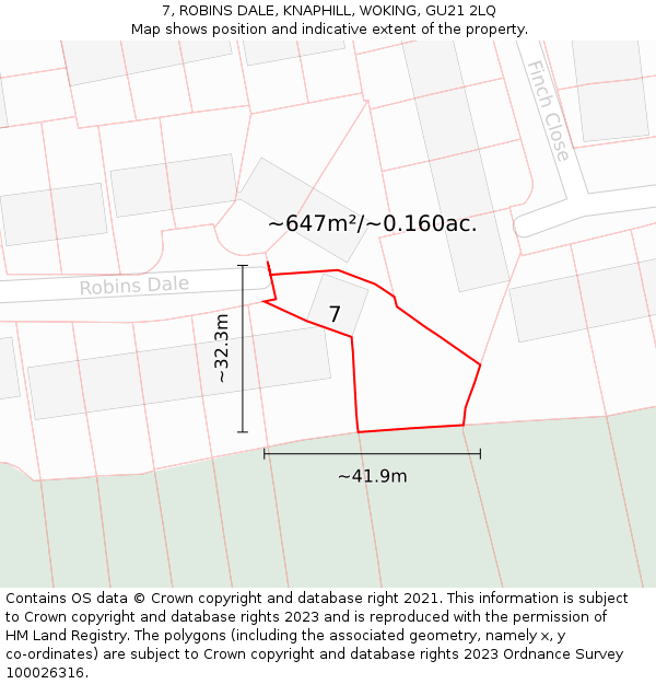 7, ROBINS DALE, KNAPHILL, WOKING, GU21 2LQ: Plot and title map