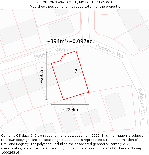 7, ROBSONS WAY, AMBLE, MORPETH, NE65 0GA: Plot and title map