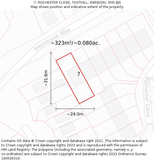 7, ROCHESTER CLOSE, TOOTHILL, SWINDON, SN5 8JS: Plot and title map