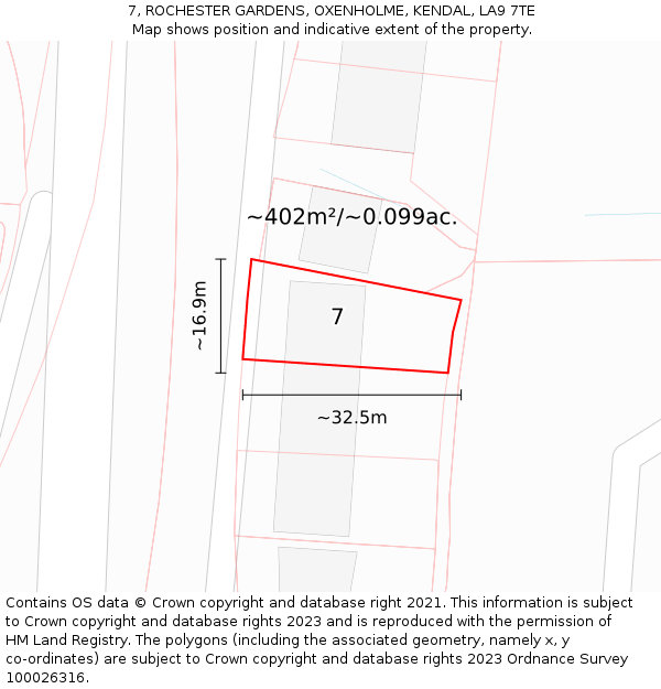 7, ROCHESTER GARDENS, OXENHOLME, KENDAL, LA9 7TE: Plot and title map