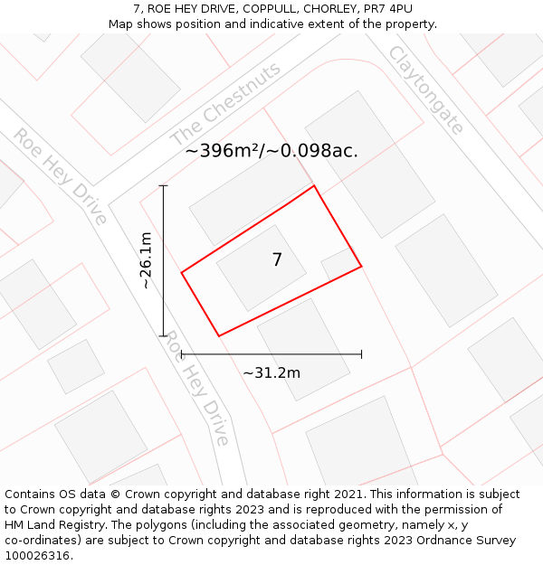 7, ROE HEY DRIVE, COPPULL, CHORLEY, PR7 4PU: Plot and title map
