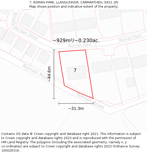 7, ROMAN PARK, LLANGUNNOR, CARMARTHEN, SA31 2PJ: Plot and title map