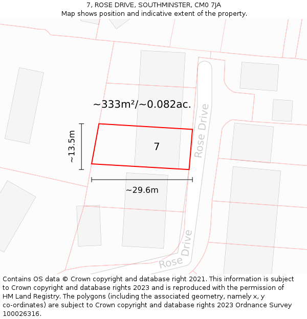 7, ROSE DRIVE, SOUTHMINSTER, CM0 7JA: Plot and title map