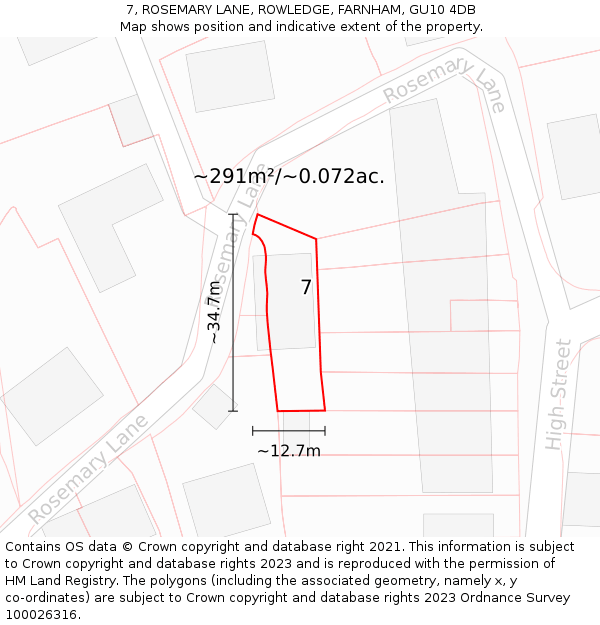 7, ROSEMARY LANE, ROWLEDGE, FARNHAM, GU10 4DB: Plot and title map