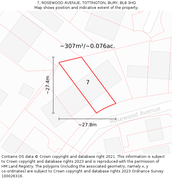 7, ROSEWOOD AVENUE, TOTTINGTON, BURY, BL8 3HG: Plot and title map