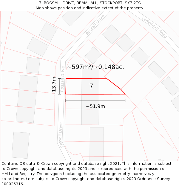 7, ROSSALL DRIVE, BRAMHALL, STOCKPORT, SK7 2ES: Plot and title map