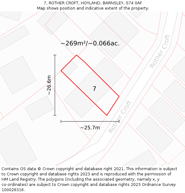 7, ROTHER CROFT, HOYLAND, BARNSLEY, S74 0AF: Plot and title map