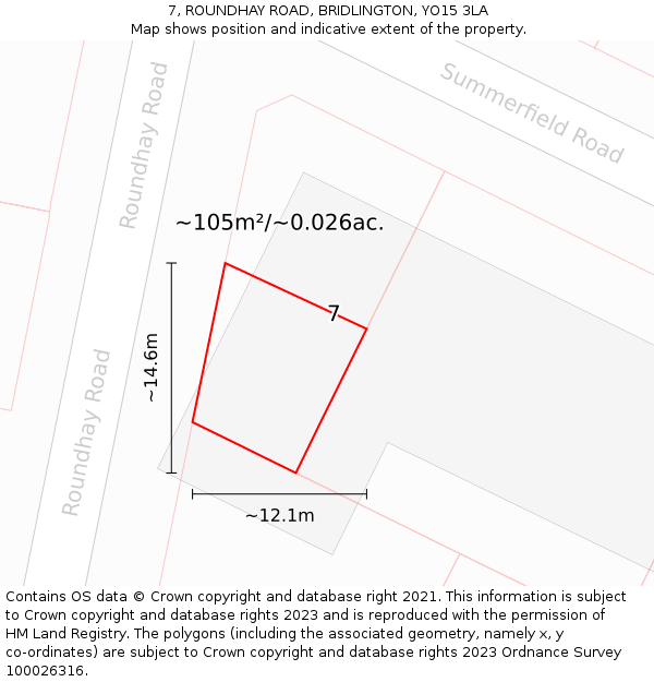 7, ROUNDHAY ROAD, BRIDLINGTON, YO15 3LA: Plot and title map