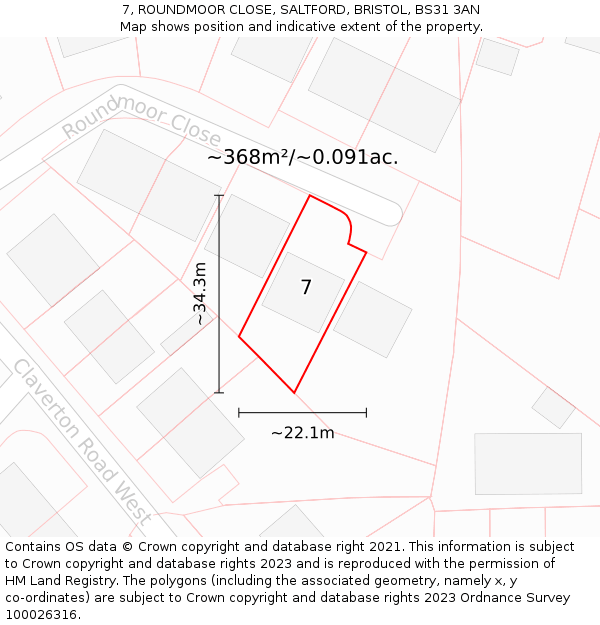 7, ROUNDMOOR CLOSE, SALTFORD, BRISTOL, BS31 3AN: Plot and title map