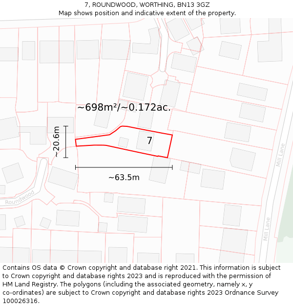 7, ROUNDWOOD, WORTHING, BN13 3GZ: Plot and title map