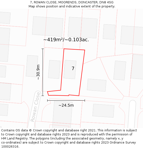 7, ROWAN CLOSE, MOORENDS, DONCASTER, DN8 4SG: Plot and title map