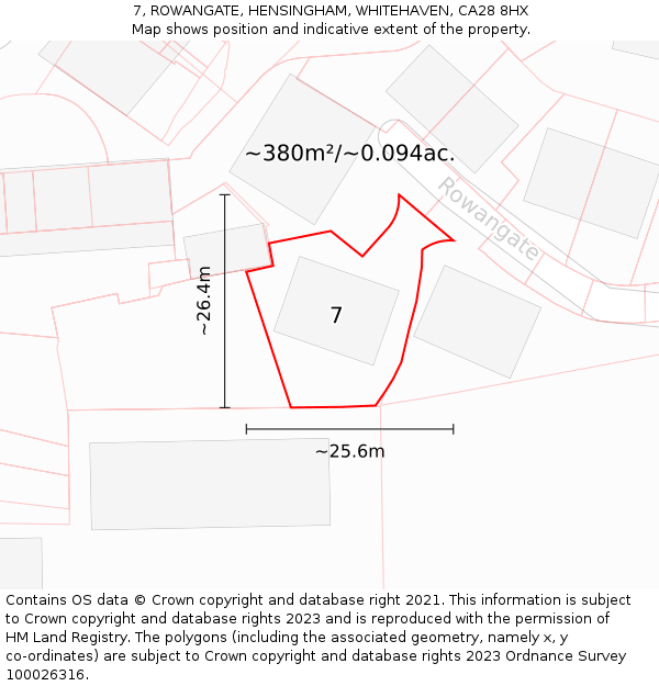 7, ROWANGATE, HENSINGHAM, WHITEHAVEN, CA28 8HX: Plot and title map