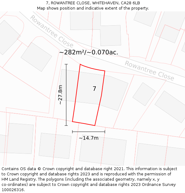 7, ROWANTREE CLOSE, WHITEHAVEN, CA28 6LB: Plot and title map