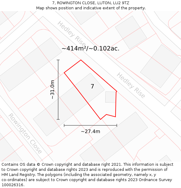 7, ROWINGTON CLOSE, LUTON, LU2 9TZ: Plot and title map