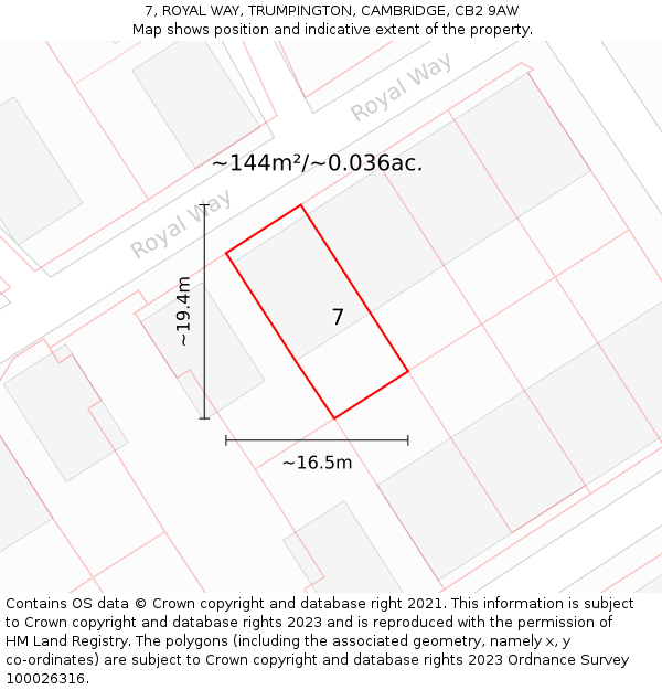 7, ROYAL WAY, TRUMPINGTON, CAMBRIDGE, CB2 9AW: Plot and title map